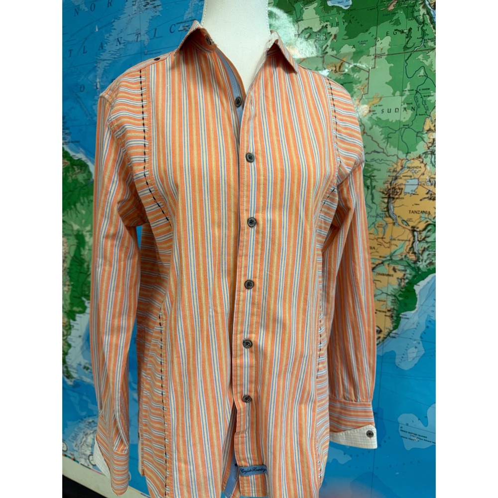 English Laundry Mens Medium Orange Striped Embroidered Back Long Sleeve